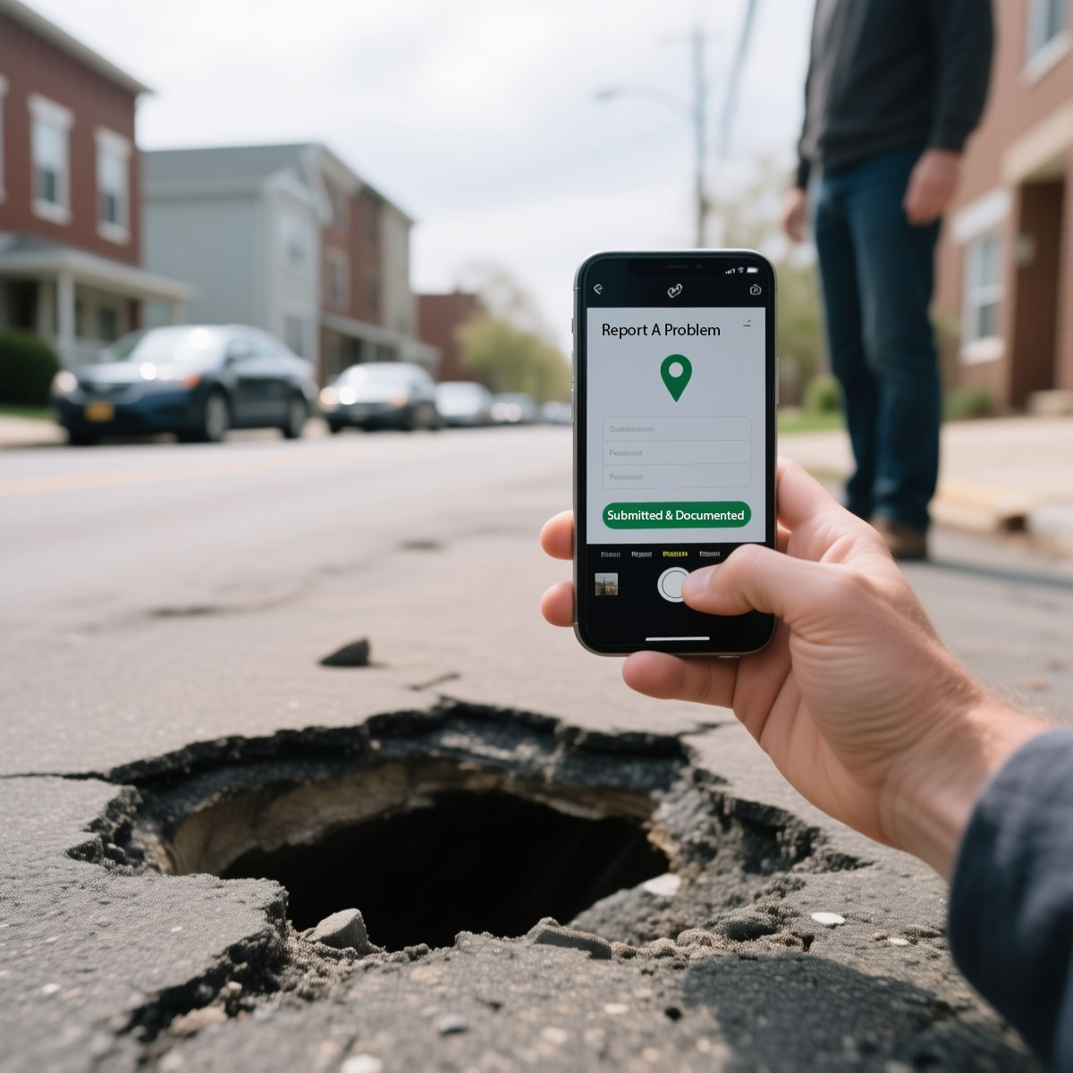 Person photographing a pothole in the street with their phone showing the complaint was submitted for proof of notification